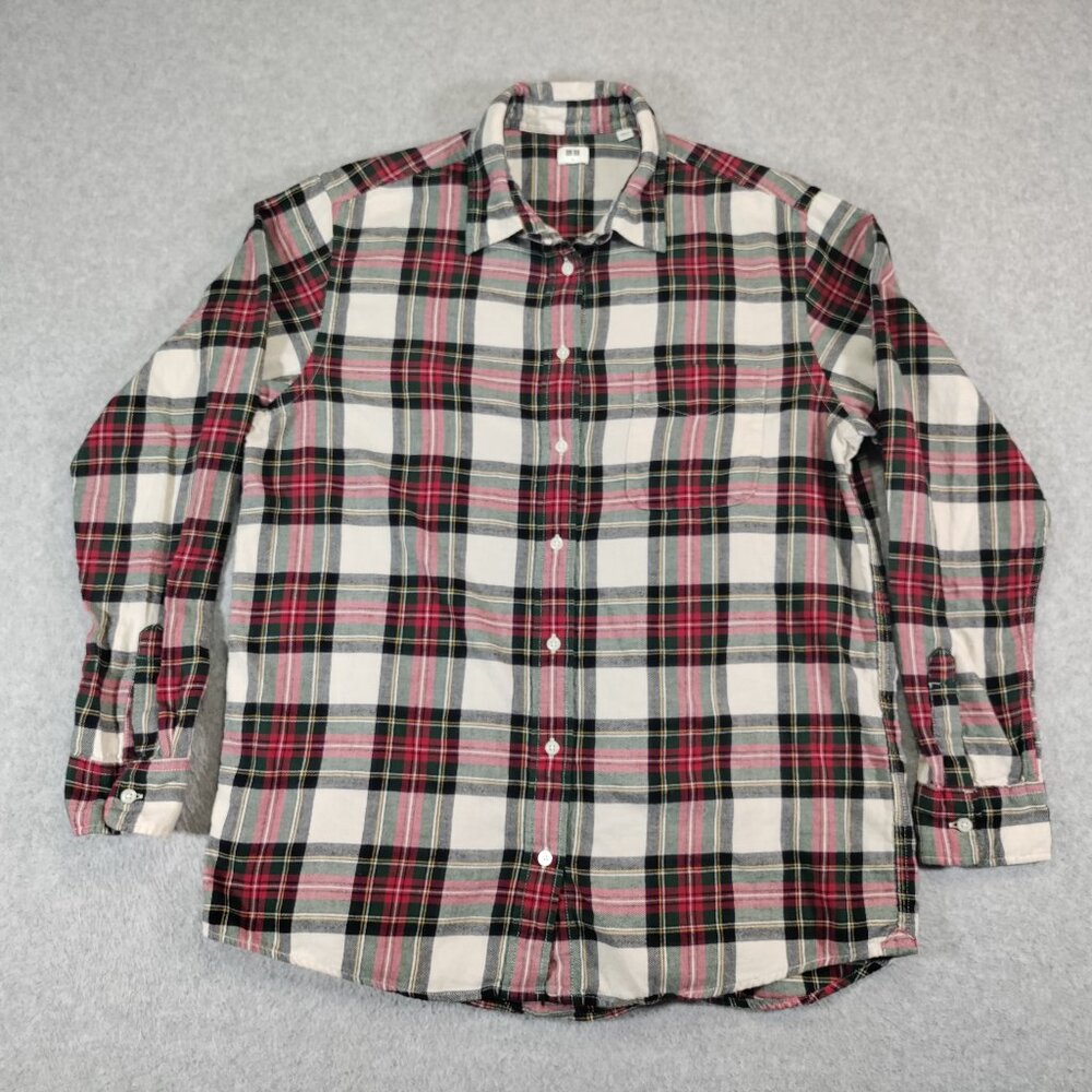 Uniqlo Flannel Shirt Mens Large Red White Plaid Long Sleeve Button Down Cotton